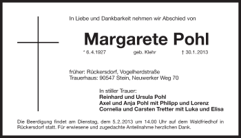 Traueranzeige von Margarete Pohl von Pegnitz-Zeitung